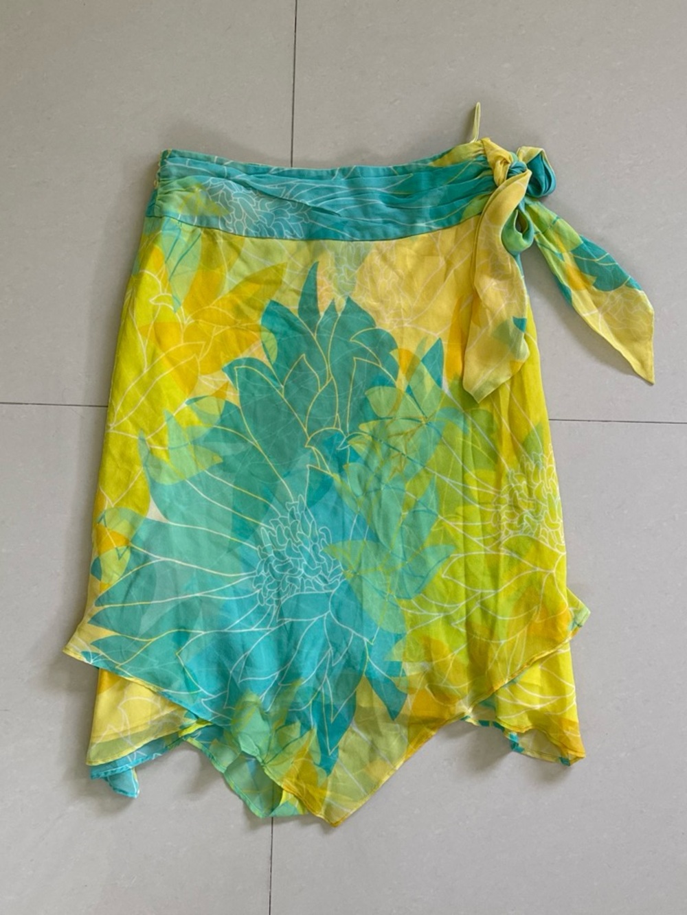 Banana Republic 100% Silk Yellow & Teal Floral Tie-Side Midi Skirt